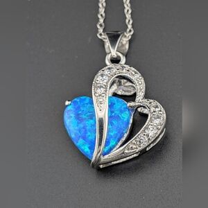 Elegant Sterling SIlver Blue Simulated Opal Heart Pendant Necklace